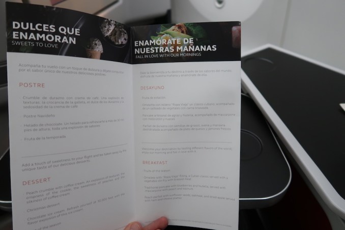 AVIANCA B787 BUSINESS CLASS: MENU